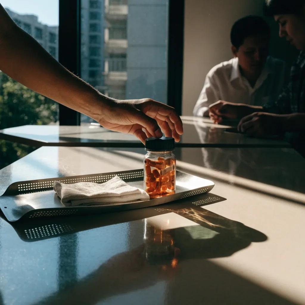 A hand adjusting one unlabelled supplement bottle on a sunlit office desk