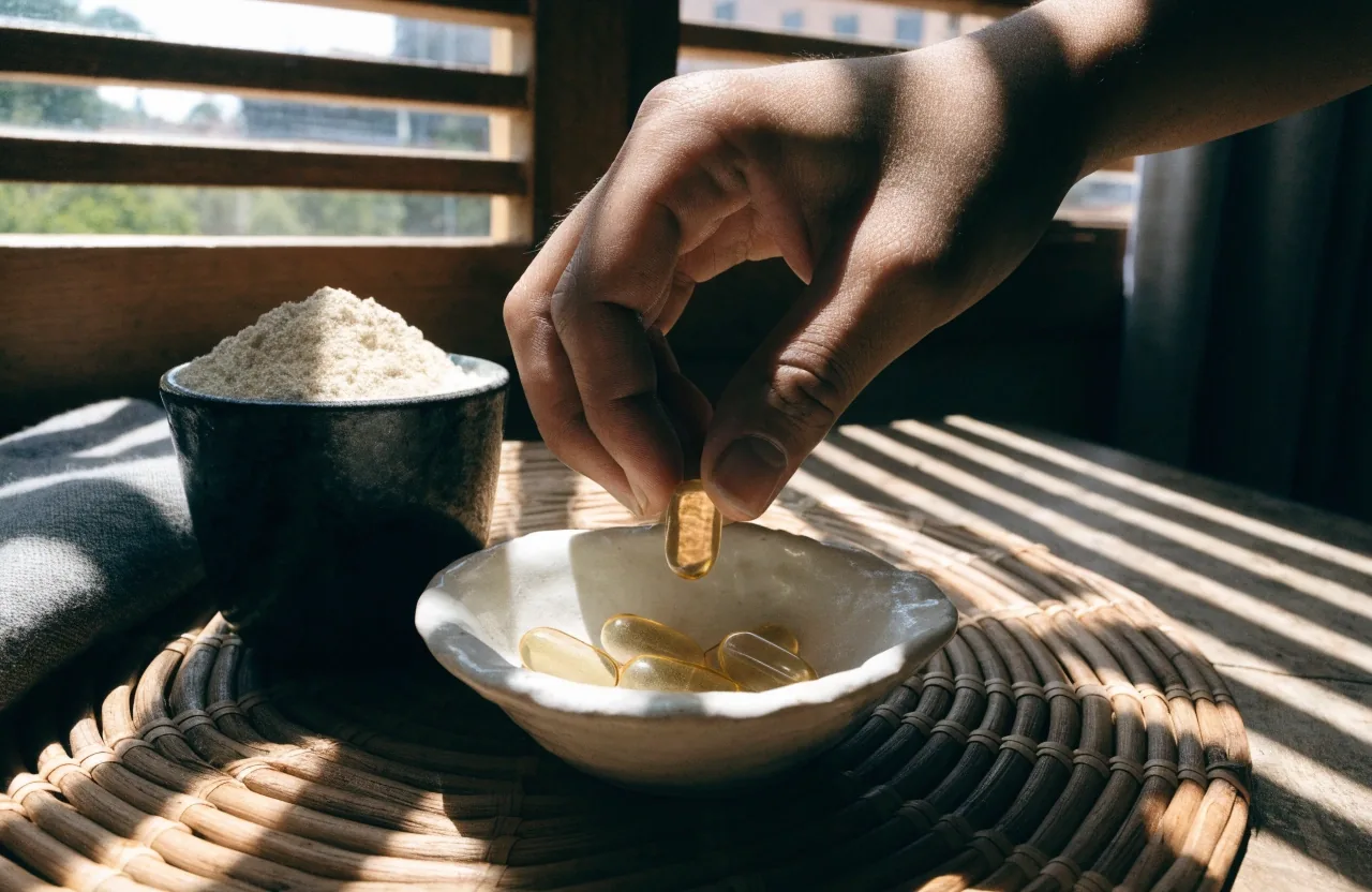 A dark cup of pale powder and a softgel capsule on a sunlit tiled counter with folded cloth