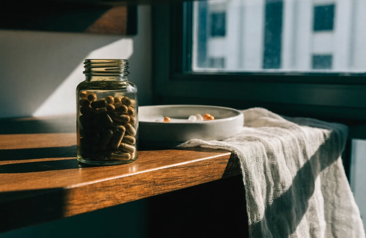 Quiet editorial back room at noon with a plain table, folded cotton cloth and an unlabelled tinted-glass bottle