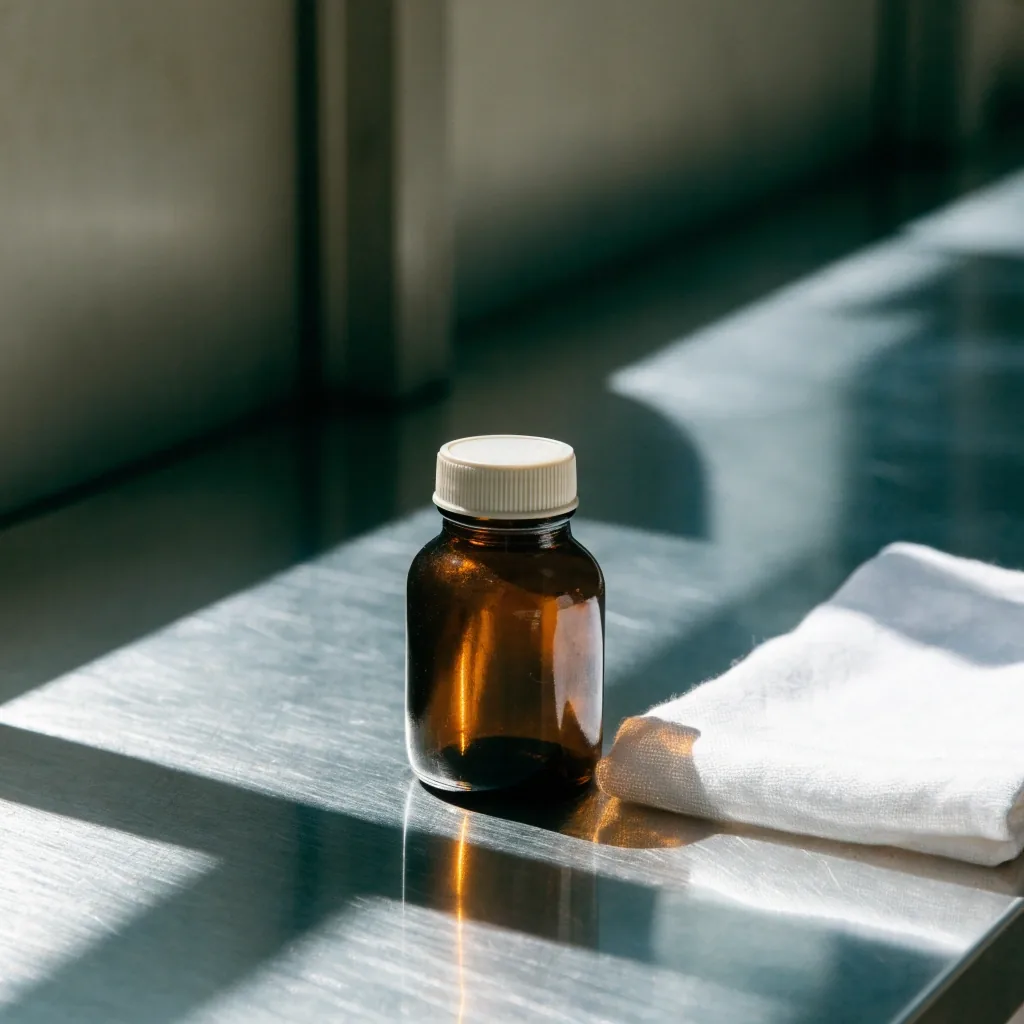 Brushed-steel counter in hard noon light with a folded white cloth and the edge of an unlabelled amber glass bottle