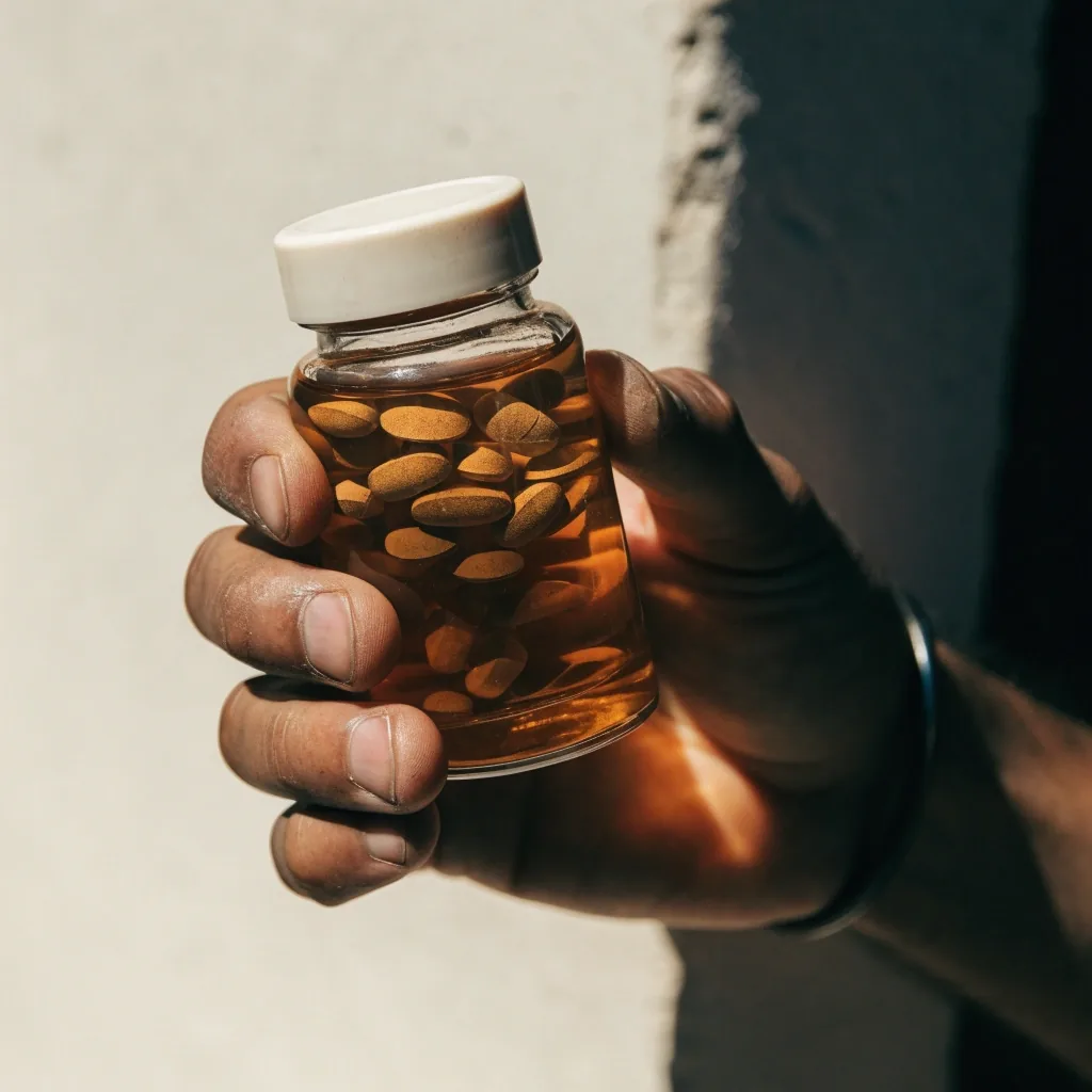 A hand turning a plain unlabelled bottle against a pale wall in hard daylight