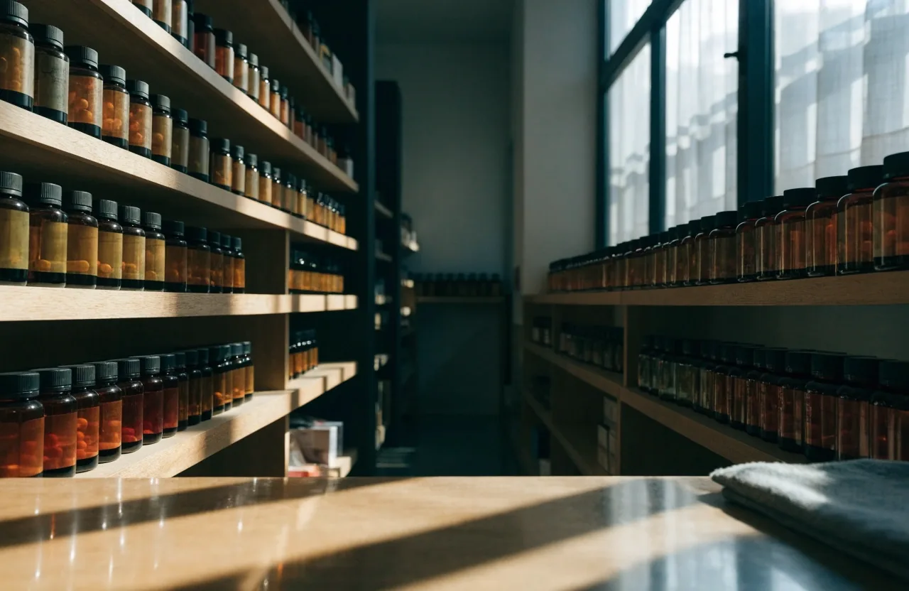 A Jakarta pharmacy wellness aisle with unlabelled supplement bottles under hard daylight