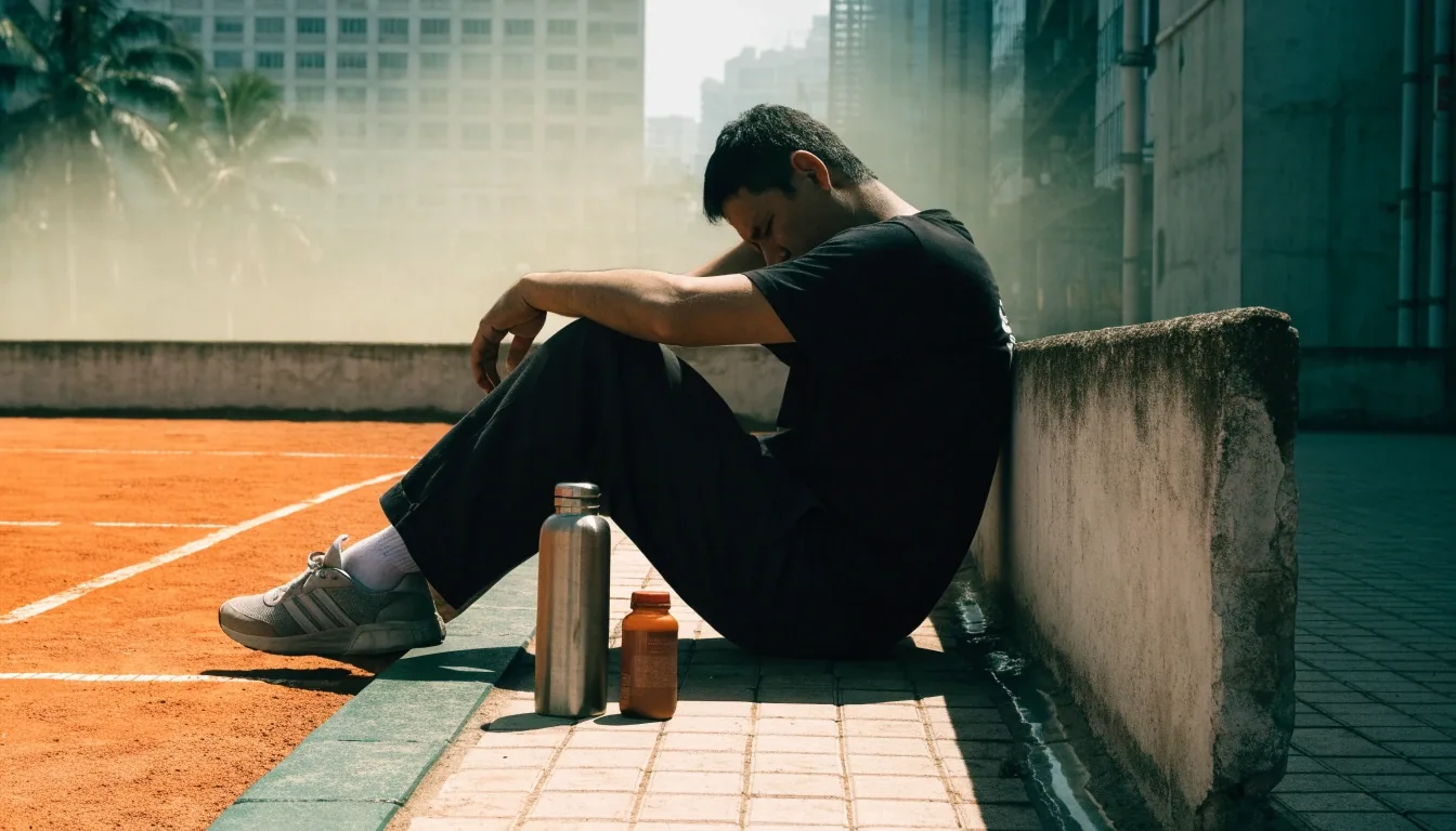 Man crouching at the edge of a sunlit outdoor court with a steel bottle on the tiles beside him