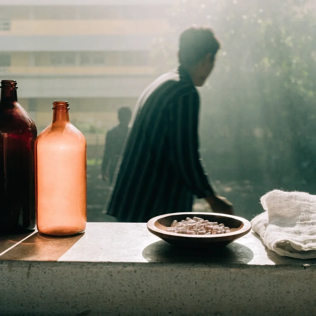 Unlabelled glass bottles of loose capsules on a pale stone ledge in hard noon light
